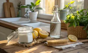 Naturliga ingredienser för att bleka håret med citron och bakpulver. En burk med bakpulver, citroner, en flaska vinäger och en borste på en träbänk.