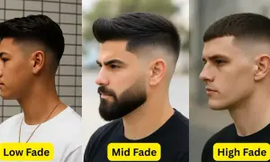 Tre män visar upp olika fades: low fade, mid fade och high fade. Klassiska herrfrisyrer.