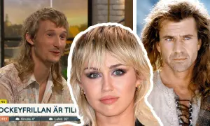 En man med modern hockeyfrilla, Miley Cyrus och Mel Gibson i en montage.