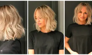 En kvinna med blont, tunt hår och gardinlugg. Håret är stylat i en avslappnad lob med mjuka vågor.