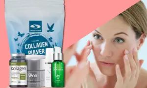 Kollagen hudvårdsprodukter som pulver, serum och krämer visas bredvid en kvinna som applicerar hudvård.