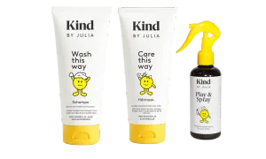 Kind by Julia schampo, hårmask och balsamspray med glad figur. Perfekt för att tova i hårtesten och få mjukt hår.
