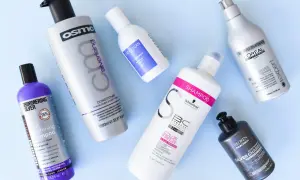 Flera flaskor silverschampo och balsam för torrt hår, inklusive märken som Osmo, Sachajuan, L'Oréal och Redken.