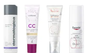 Produkter för hudvård rosacea: rengöring, CC-kräm, återfuktande kräm och anti-redness.