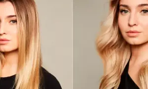 Två bilder av en kvinna med blont hår. Till vänster är håret rakt, till höger är det vågigt. Hennes scandinavian hairline framhävs.