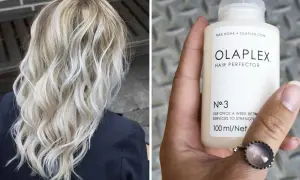 Blont, vågigt hår och en flaska Olaplex No.3. Vissa upplever inga olaplex biverkningar, andra får känslig hårbotten.