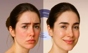 Före och efter-bilder som visar effekten av skin cycling. Till vänster en orolig, rödflammig hy. Till höger en lugn, strålande hud.