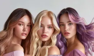 Tre unga kvinnor med vackert stylat hår. En har brunt ombre, en annan blont och den tredje lila och rosa slingor. De visar upp hur man kan tona håret för en ny look.