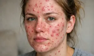 Ansikte med rodnad och utslag runt munnen, ett tydligt tecken på perioral dermatit.