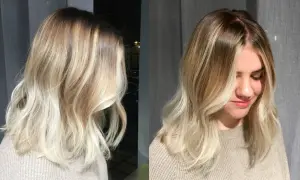 En kvinna med vackert blont hår, mjukt vågigt och med en fin ombre-effekt.