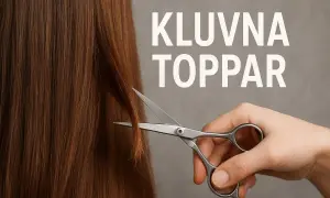 En hand sliter toning på håret med en sax. Texten "Kluvna toppar" syns i bakgrunden.