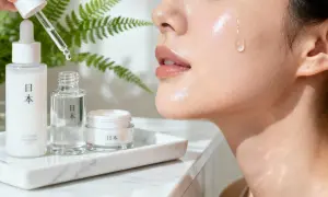 En droppe serum faller mot en glänsande hud, omgiven av japanska skönhetsprodukter. J beauty för en strålande hy.