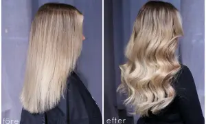 Före och efter-bilder visar en hårförvandling från mörkare toner till en ljusare, solkysst blond. Håret har fått volym och glans.