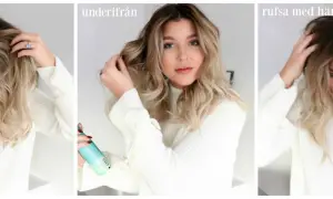Kvinnan stylar sitt blonda hår med spray och rufsar till det för en voluminös butterfly klippning.