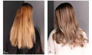 Före och efter-bilder på en hårförvandling. Från orange hår efter blekning till en mjukare, ljusare balayage.