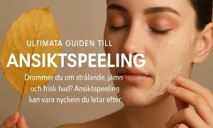 En kvinna med slutna ögon drar försiktigt av ett lager av en ansiktspeeling. En gul höstlöv ligger bredvid texten "ULTIMATA GUIDEN TILL ANSIKTSPEELING".