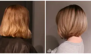 Före och efter-bilder på en hårklippning. Håret har blivit en snygg, busig bob frisyr med fin färg.