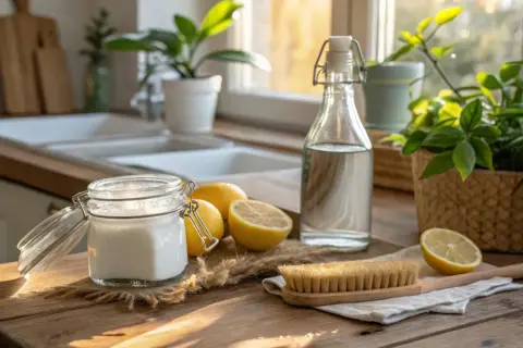Naturliga ingredienser för att bleka håret med citron och bakpulver. En burk med bakpulver, citroner, en flaska vinäger och en borste på en träbänk.