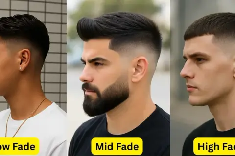 Tre män visar upp olika fades: low fade, mid fade och high fade. Klassiska herrfrisyrer.