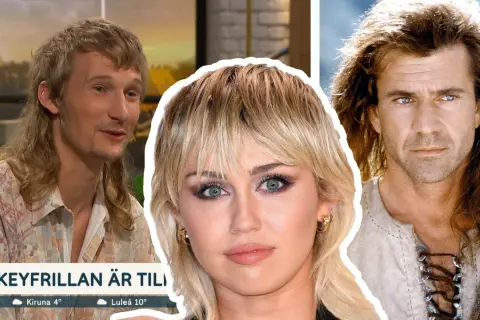 En man med modern hockeyfrilla, Miley Cyrus och Mel Gibson i en montage.