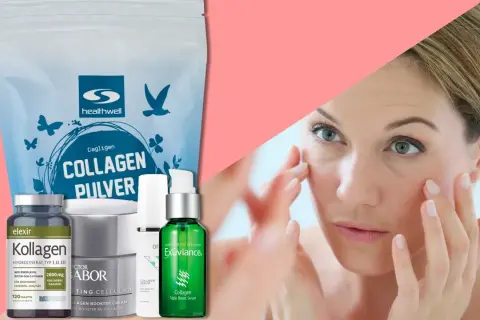 Kollagen hudvårdsprodukter som pulver, serum och krämer visas bredvid en kvinna som applicerar hudvård.