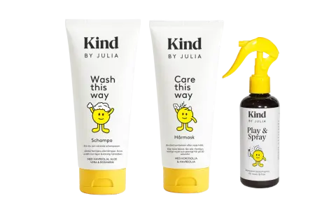 Kind by Julia schampo, hårmask och balsamspray med glad figur. Perfekt för att tova i hårtesten och få mjukt hår.