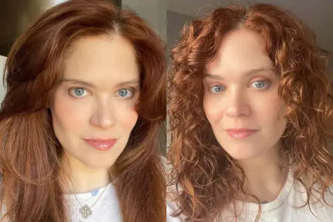 Två närbilder av en kvinna med intensivt rött, yvigt hår. Till vänster är håret rakt och faller mjukt, till höger är det lockigt och livfullt.