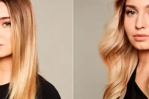 Två bilder av en kvinna med blont hår. Till vänster är håret rakt, till höger är det vågigt. Hennes scandinavian hairline framhävs.