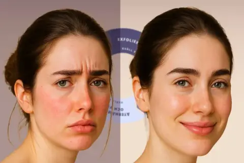 Före och efter-bilder som visar effekten av skin cycling. Till vänster en orolig, rödflammig hy. Till höger en lugn, strålande hud.