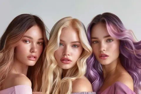 Tre unga kvinnor med vackert stylat hår. En har brunt ombre, en annan blont och den tredje lila och rosa slingor. De visar upp hur man kan tona håret för en ny look.