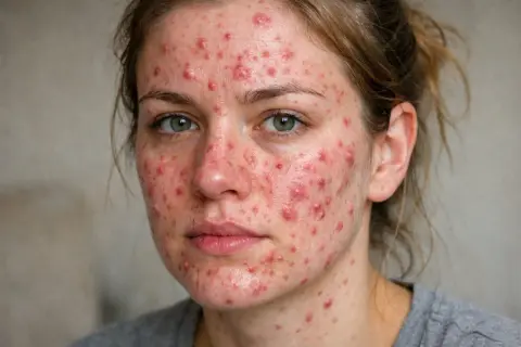 Ansikte med rodnad och utslag runt munnen, ett tydligt tecken på perioral dermatit.