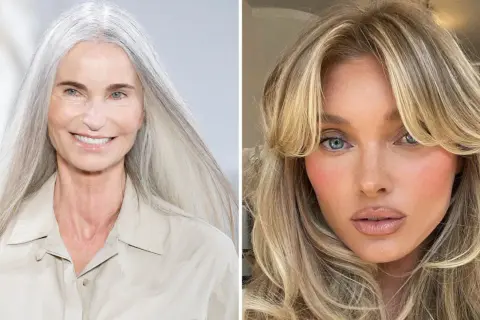 Två kvinnor med olika frisyrer. En äldre kvinna med långt silverfärgat hår och en yngre kvinna med blont hår och lugg. Tips på frisyrer dam.