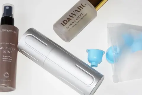 Brun utan sol tips: Löwengrip Self-Tan Mist och Idawarg Tanning Drops för en naturlig solkysst look.
