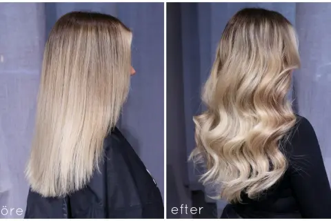 Före och efter-bilder visar en hårförvandling från mörkare toner till en ljusare, solkysst blond. Håret har fått volym och glans.