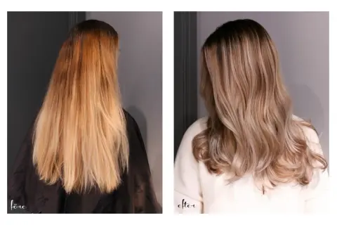 Före och efter-bilder på en hårförvandling. Från orange hår efter blekning till en mjukare, ljusare balayage.