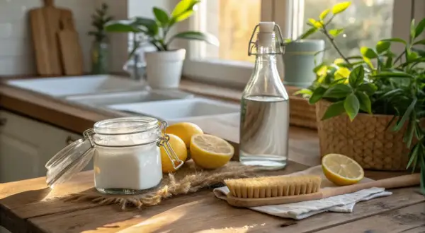 Naturliga ingredienser för att bleka håret med citron och bakpulver. En burk med bakpulver, citroner, en flaska vinäger och en borste på en träbänk.