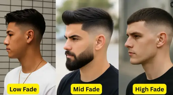 Tre män visar upp olika fades: low fade, mid fade och high fade. Klassiska herrfrisyrer.