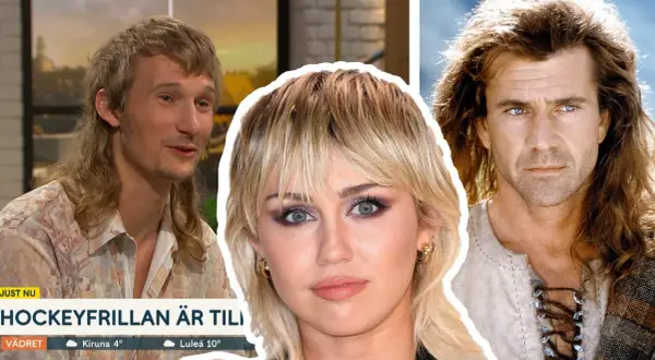 En man med modern hockeyfrilla, Miley Cyrus och Mel Gibson i en montage.