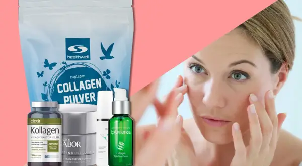 Kollagen hudvårdsprodukter som pulver, serum och krämer visas bredvid en kvinna som applicerar hudvård.