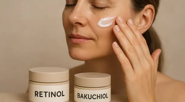 Kvinna applicerar kräm på kinden. Två burkar syns, en med texten RETINOL, som kan hjälpa mot akne.