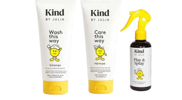 Kind by Julia schampo, hårmask och balsamspray med glad figur. Perfekt för att tova i hårtesten och få mjukt hår.