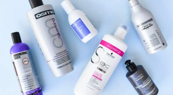 Flera flaskor silverschampo och balsam för torrt hår, inklusive märken som Osmo, Sachajuan, L'Oréal och Redken.