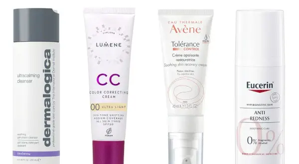 Produkter för hudvård rosacea: rengöring, CC-kräm, återfuktande kräm och anti-redness.