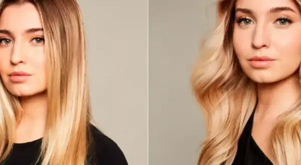 Två bilder av en kvinna med blont hår. Till vänster är håret rakt, till höger är det vågigt. Hennes scandinavian hairline framhävs.