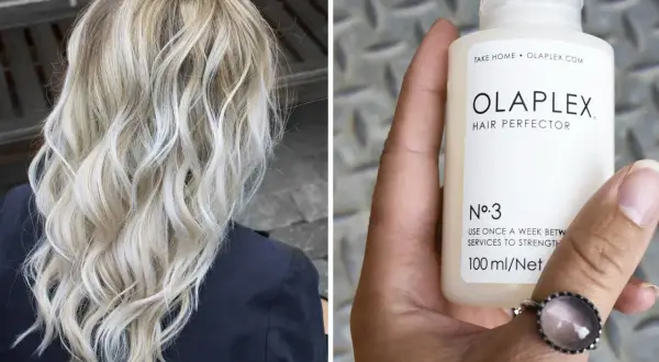 Blont, vågigt hår och en flaska Olaplex No.3. Vissa upplever inga olaplex biverkningar, andra får känslig hårbotten.