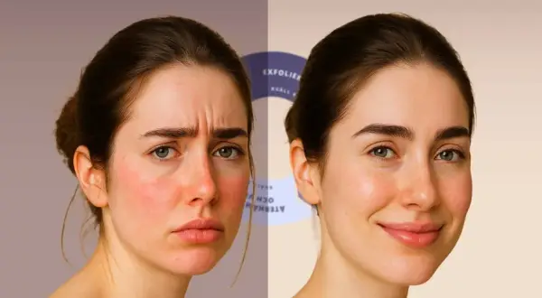 Före och efter-bilder som visar effekten av skin cycling. Till vänster en orolig, rödflammig hy. Till höger en lugn, strålande hud.