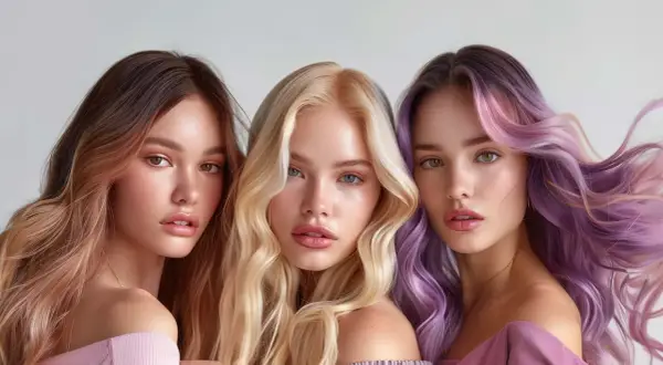 Tre unga kvinnor med vackert stylat hår. En har brunt ombre, en annan blont och den tredje lila och rosa slingor. De visar upp hur man kan tona håret för en ny look.