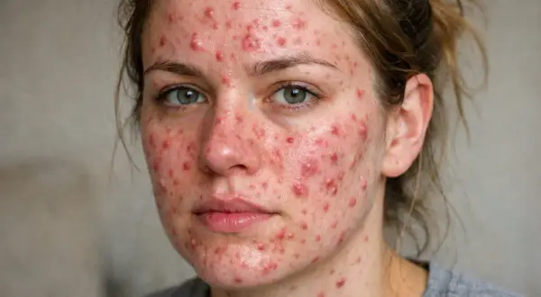 Ansikte med rodnad och utslag runt munnen, ett tydligt tecken på perioral dermatit.