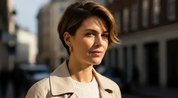 En kvinna med en elegant, lång pixie frisyr står på en stadsgata.