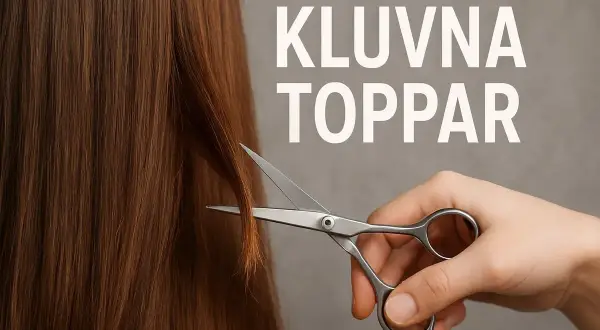 En hand sliter toning på håret med en sax. Texten "Kluvna toppar" syns i bakgrunden.